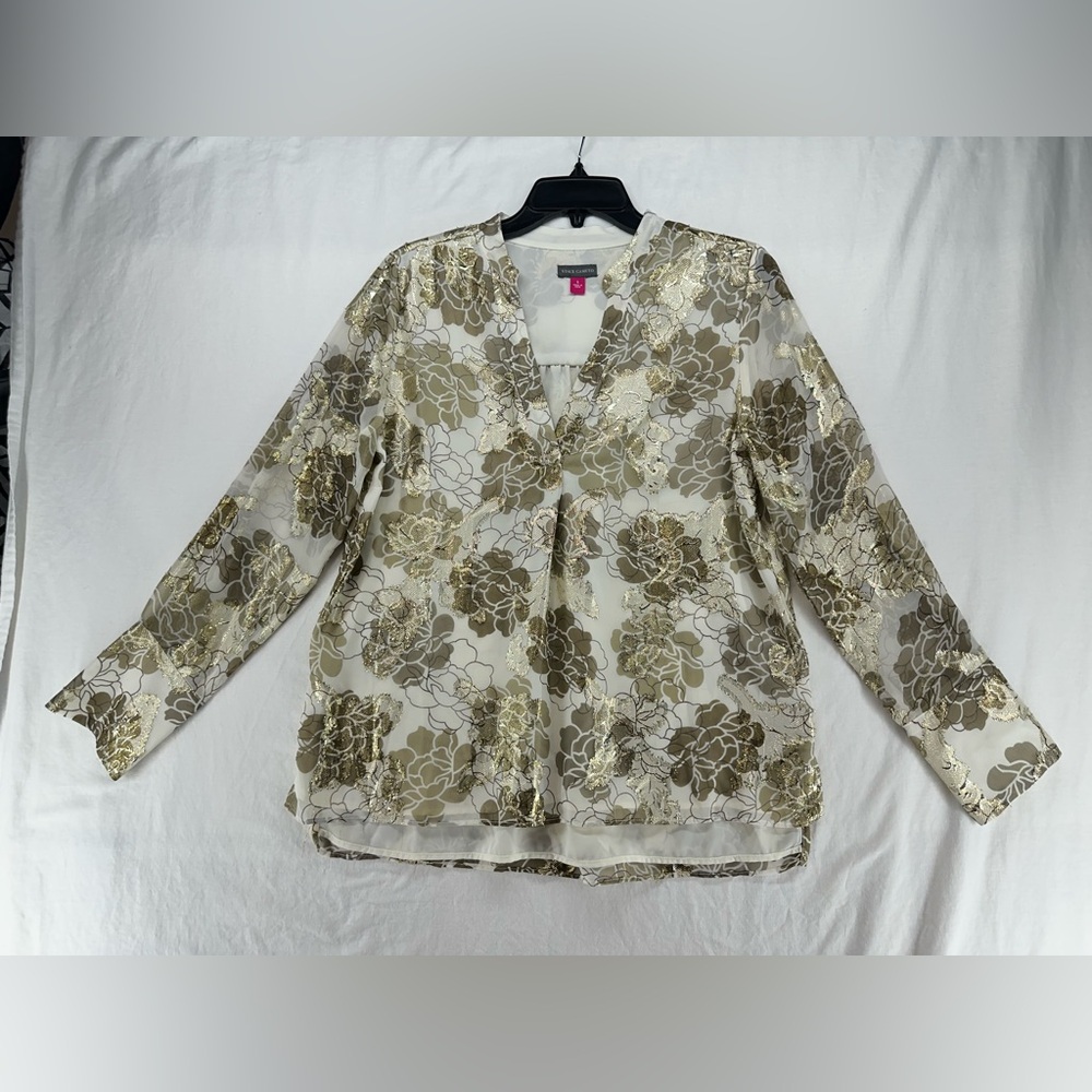 Vince Camuto Women's Gold Metallic Floral Print Split Neck Bell Sleeve Top S